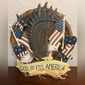 Vintage KMart God Bless America Wreath With Wooden Eagle Stars Flags Patriotic